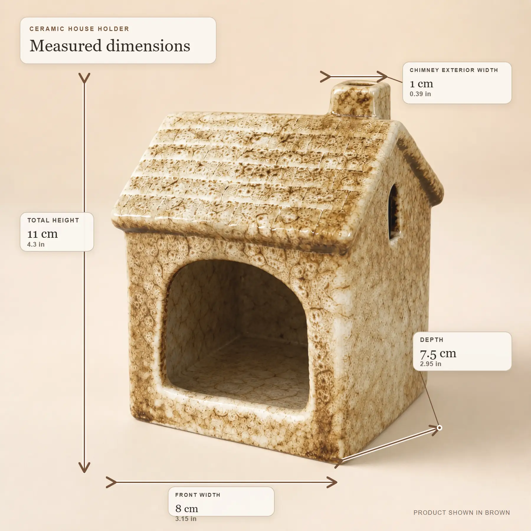 Brown ceramic house holder dimensions 4.3 by 3.15 by 2.95 inches