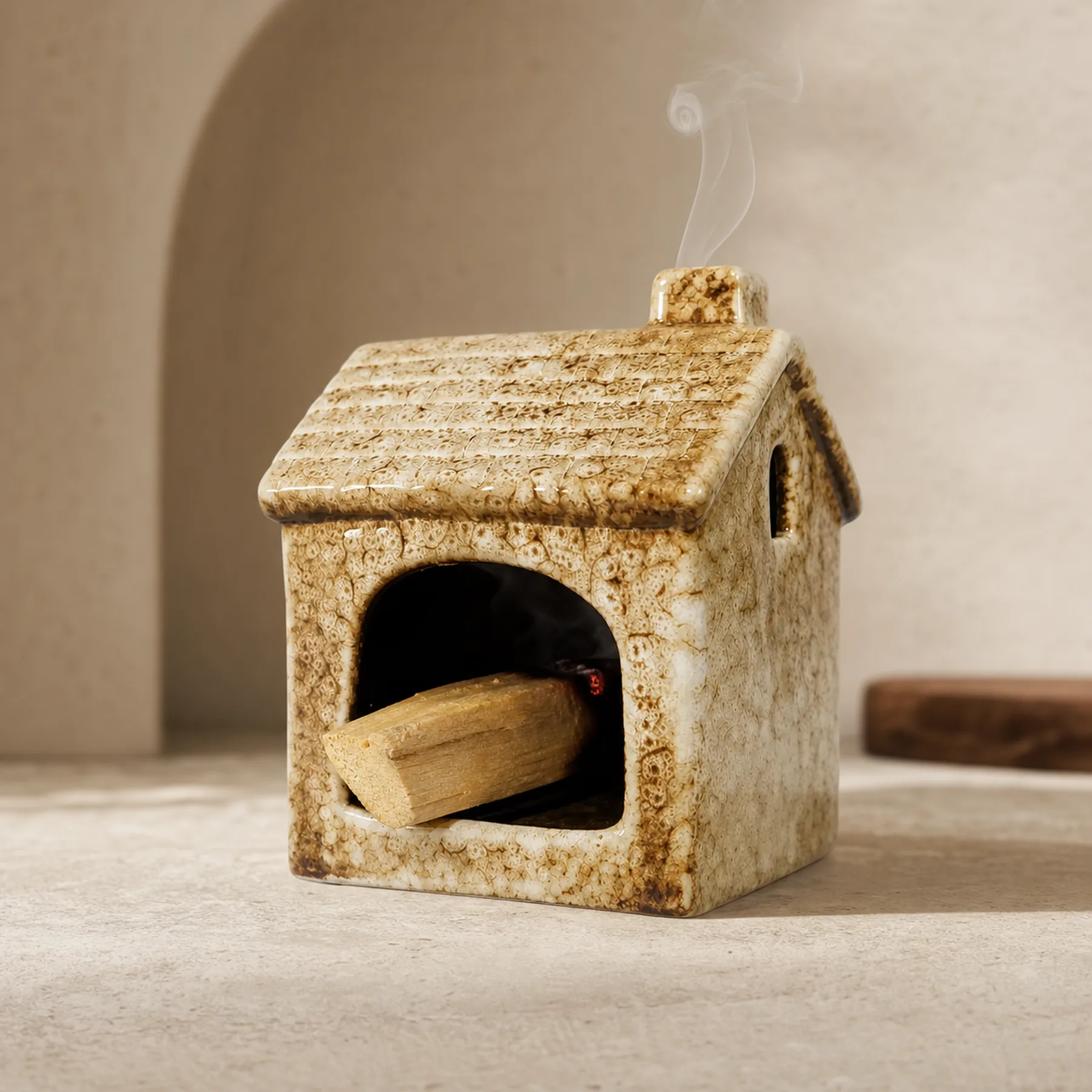Brown ceramic house Palo Santo holder with chimney-only smoke