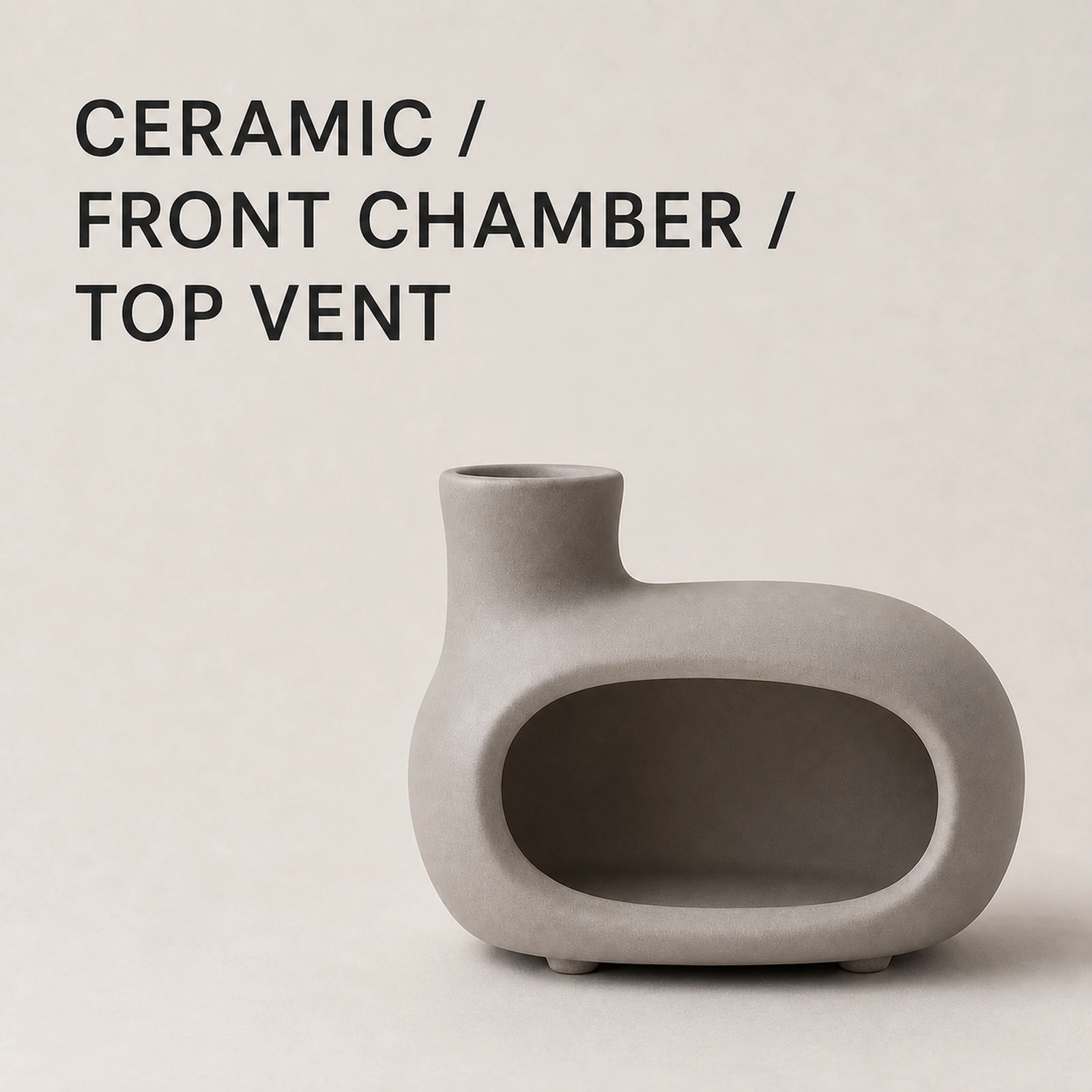 Brown gray elongated Classic Ceramic Palo Santo & Sage Burner, fact view identifying the ceramic body, front chamber, and top vent.