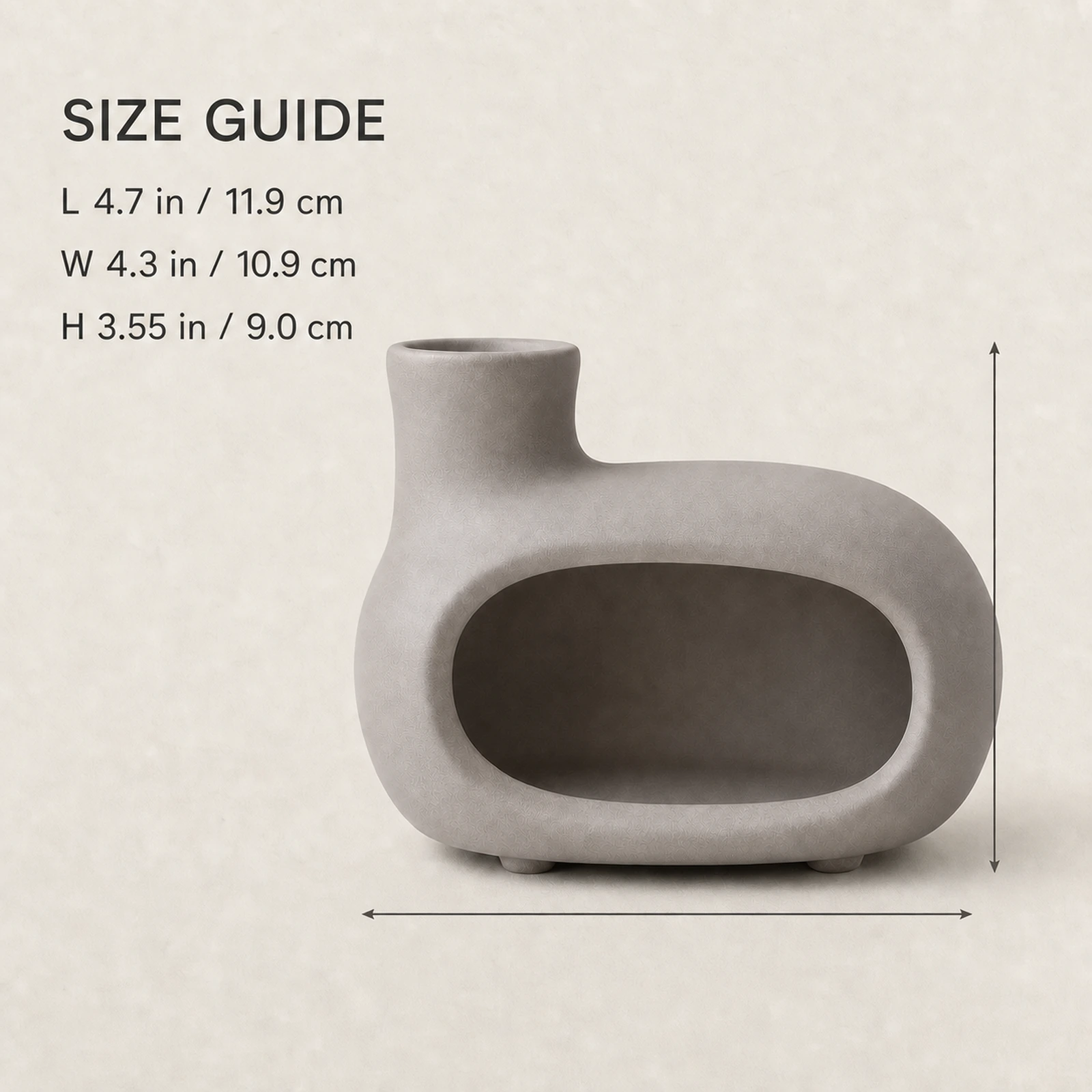 Brown gray elongated Classic Ceramic Palo Santo & Sage Burner, verified dimension guide with front-facing product view.