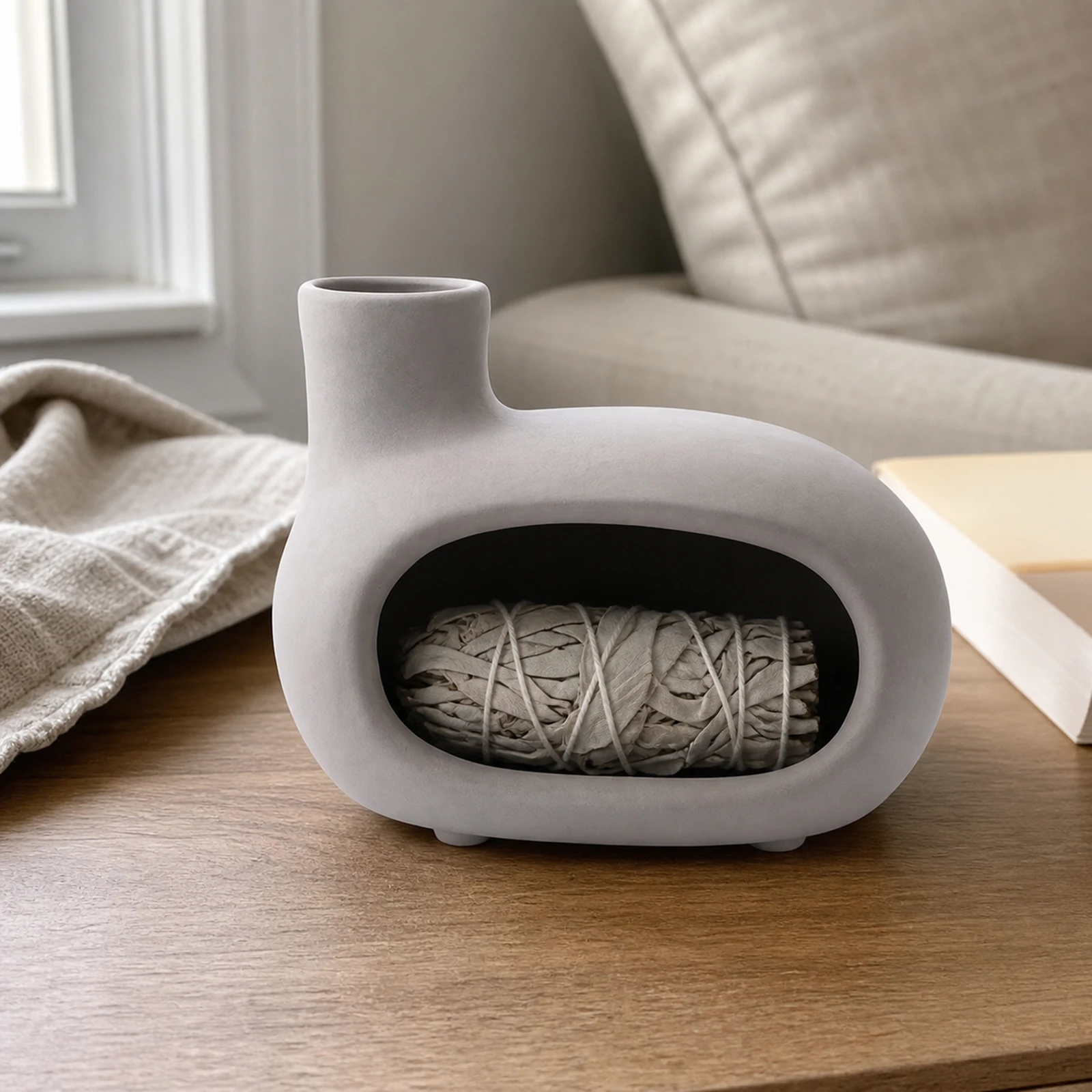 Brown gray elongated Classic Ceramic Palo Santo & Sage Burner, home scene with an unlit white sage bundle in the front chamber.