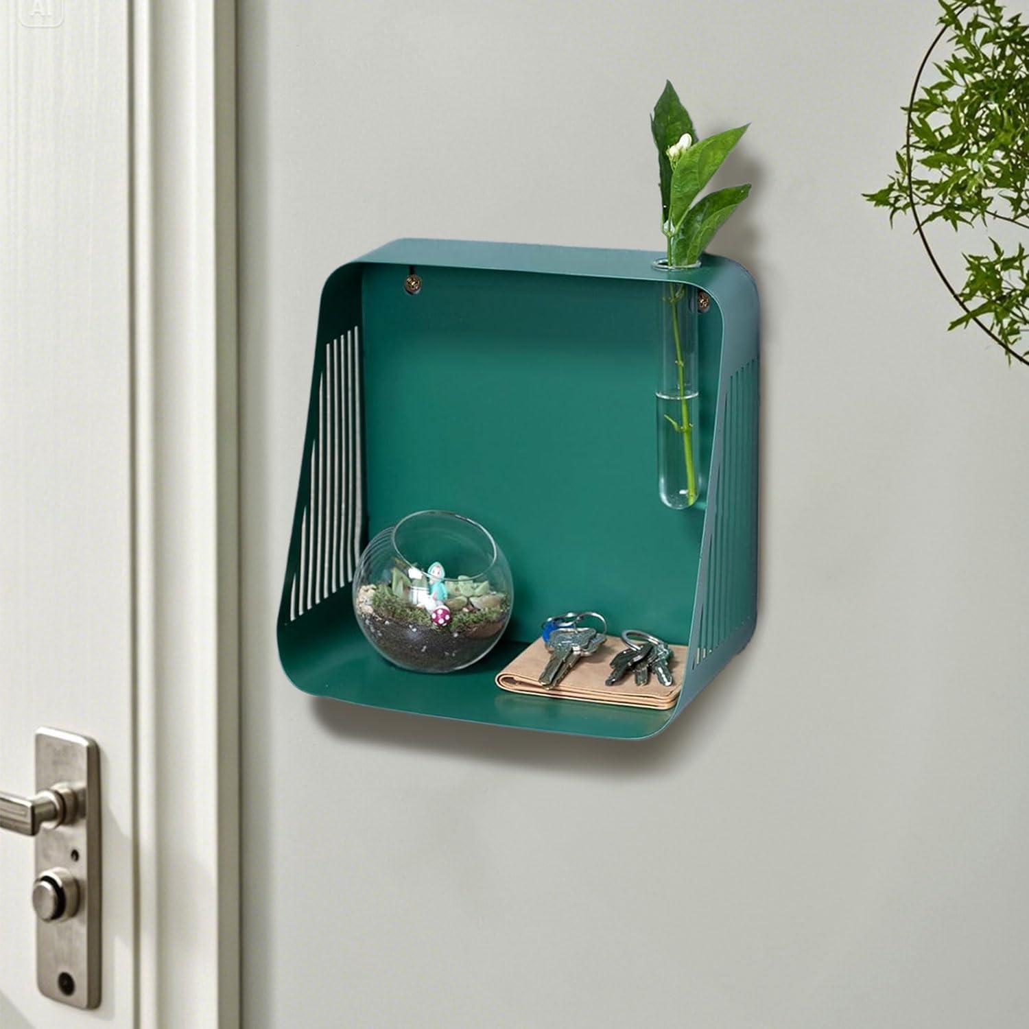 Green Iron Floating Shelf with Hydroponic Hole & Diffuser Stand-MOUGIGI