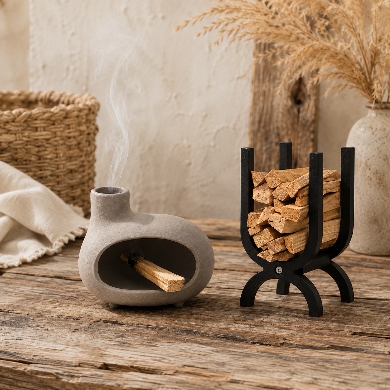 Palo Santo Holder Set with Ceramic Incense Burner & Wooden Storage Rack