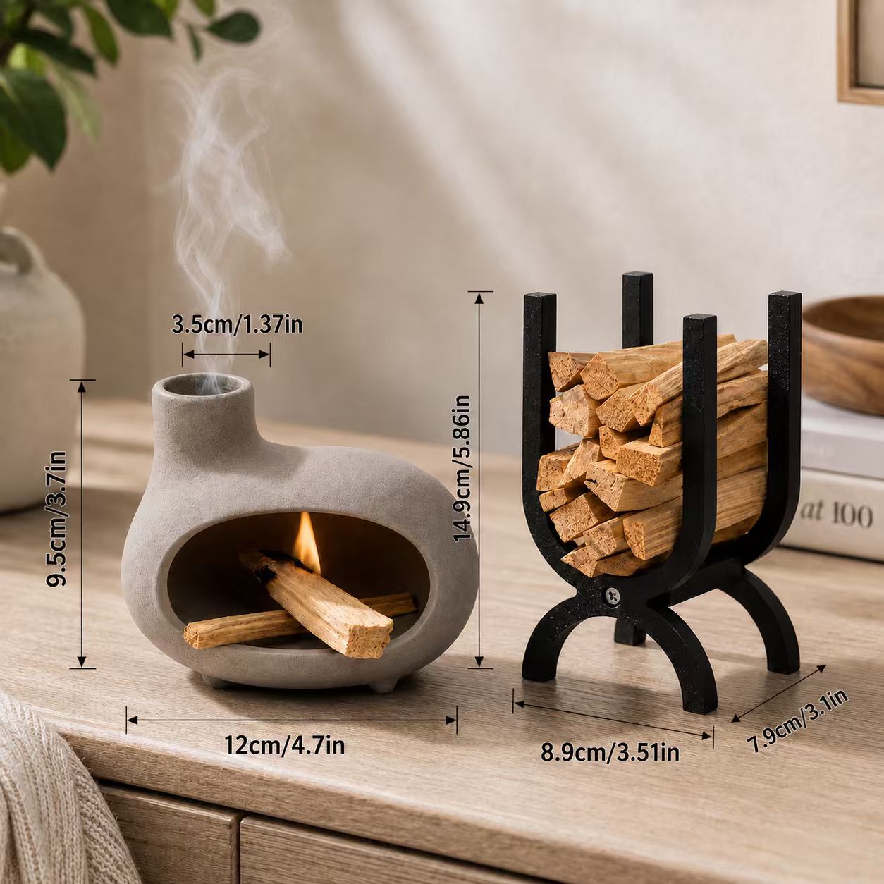 Palo Santo Holder Set with Ceramic Incense Burner & Wooden Storage Rack