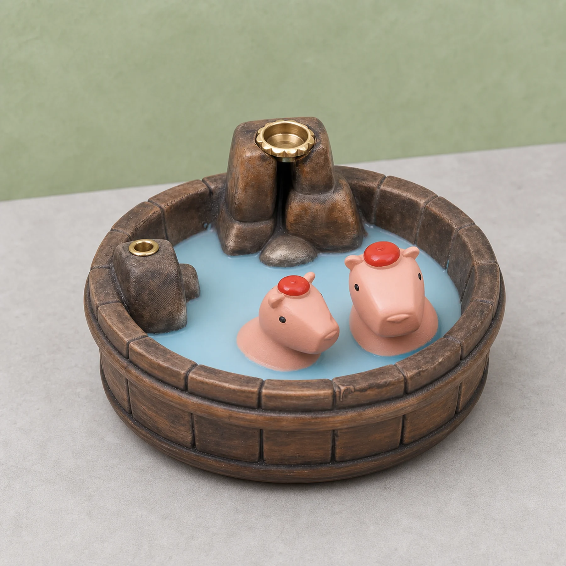 Brown wood-grain resin capybara backflow incense burner in a clean front three-quarter view