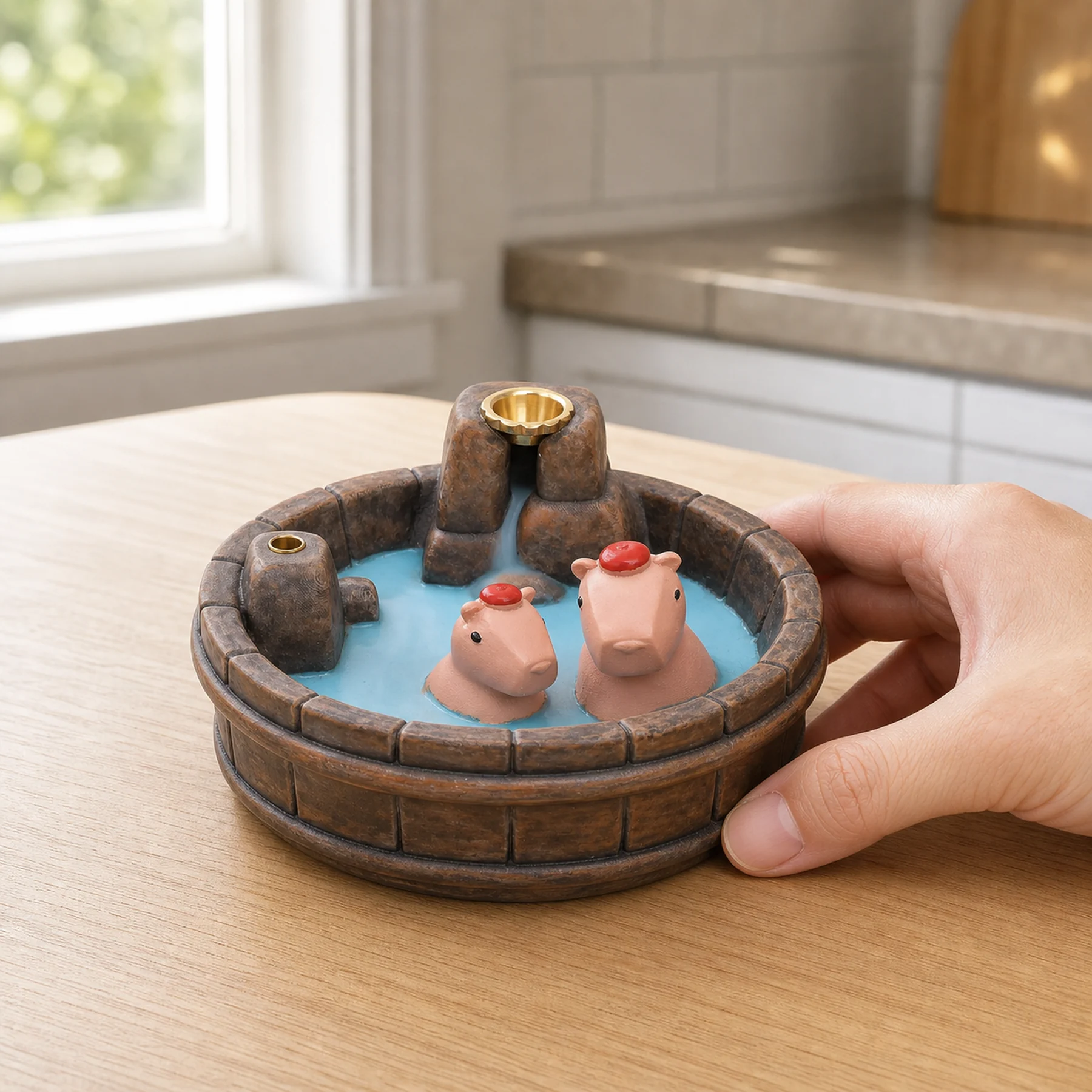 Brown wood-grain resin capybara backflow incense burner beside an adult hand for tabletop scale