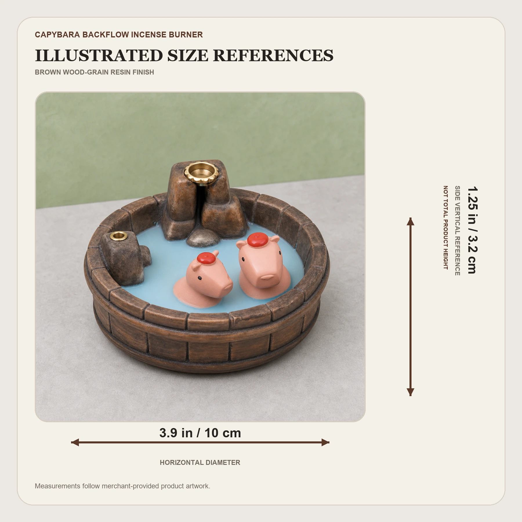 Brown wood-grain resin capybara backflow incense burner illustrated size reference showing horizontal diameter and side vertical reference