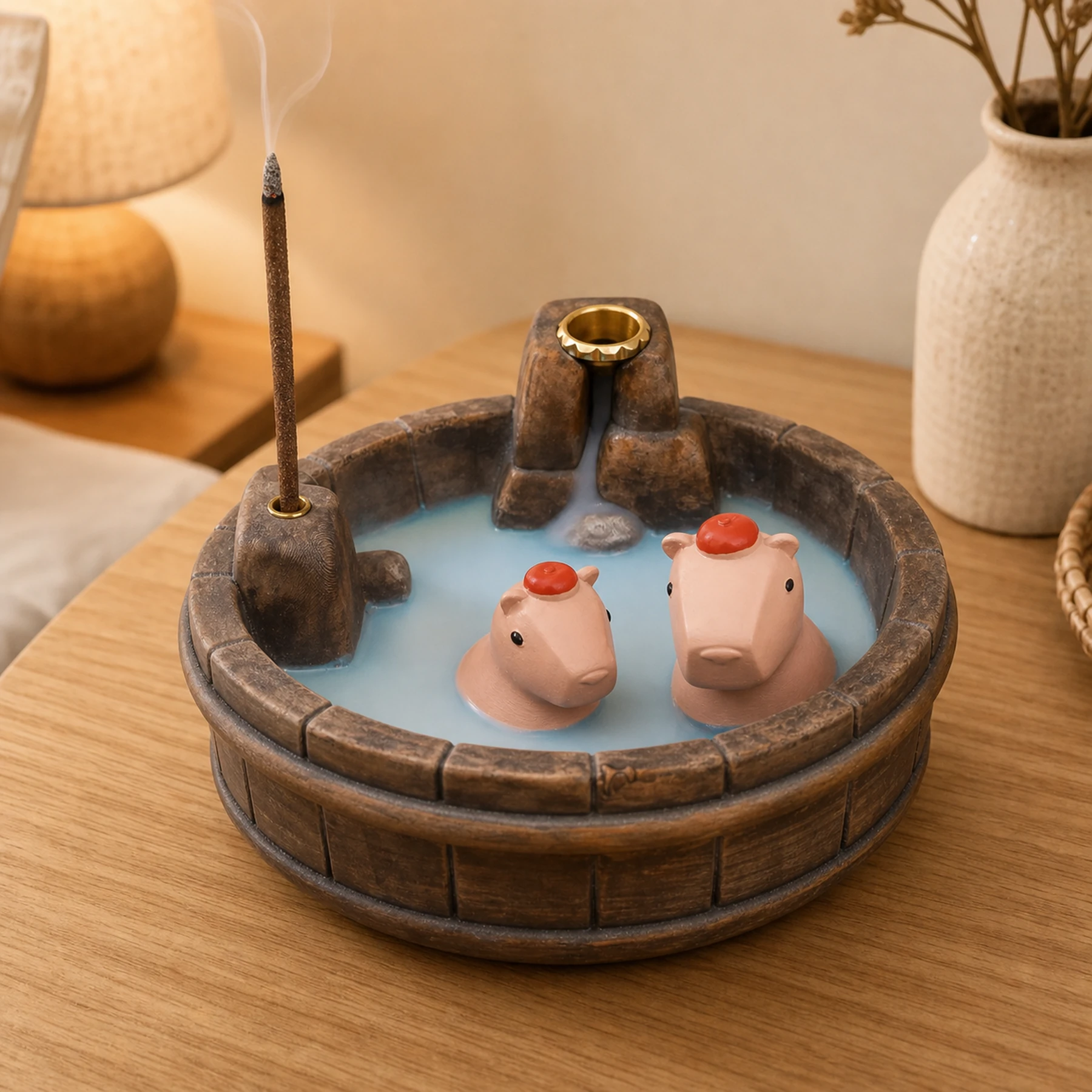 Brown wood-grain resin capybara incense burner using stick incense in the separate left brass-lined hole