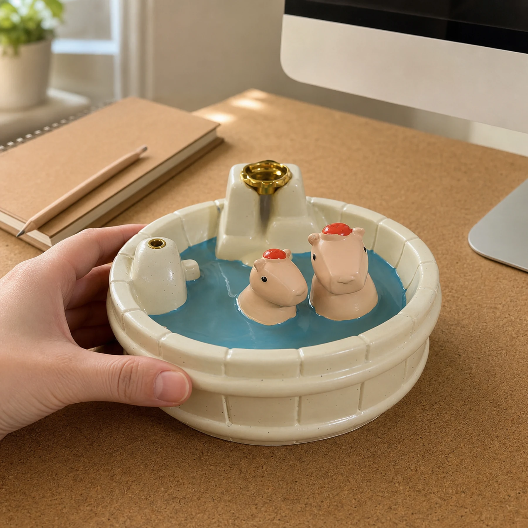 White resin capybara backflow incense burner held at the basin edge for tabletop scale