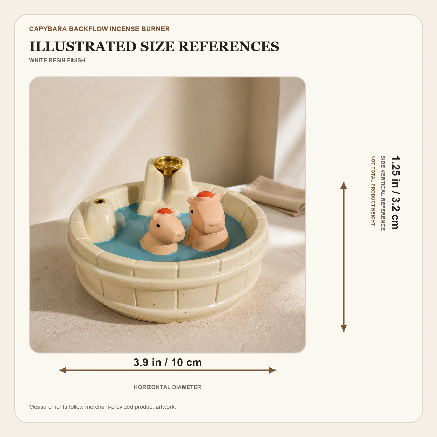 White resin capybara backflow incense burner illustrated size reference showing horizontal diameter and side vertical reference