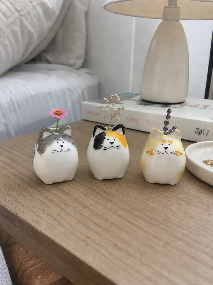 3-Piece Hand-Painted Ceramic Cat Bud Vase Set styling idea 1