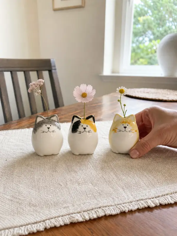 3-Piece Hand-Painted Ceramic Cat Bud Vase Set styling idea 6
