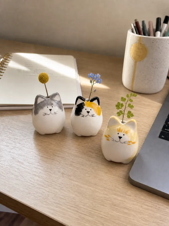 3-Piece Hand-Painted Ceramic Cat Bud Vase Set styling idea 4