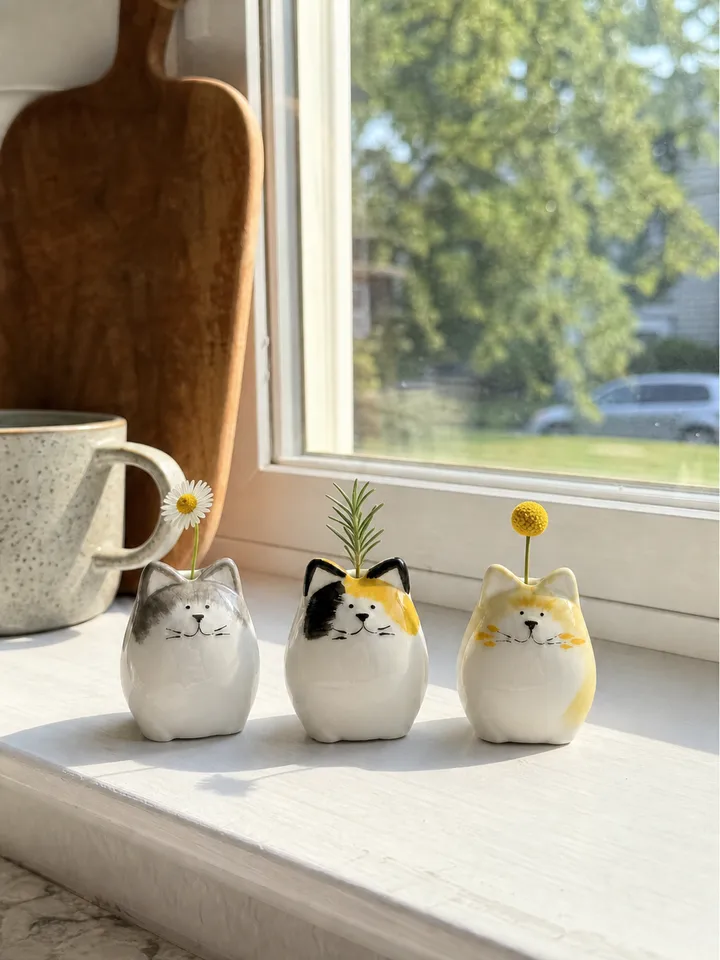 3-Piece Hand-Painted Ceramic Cat Bud Vase Set styling idea 2