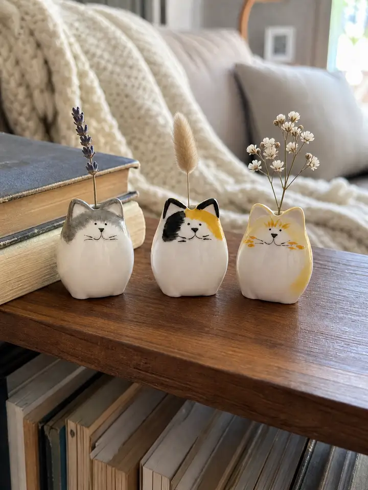 3-Piece Hand-Painted Ceramic Cat Bud Vase Set styling idea 3