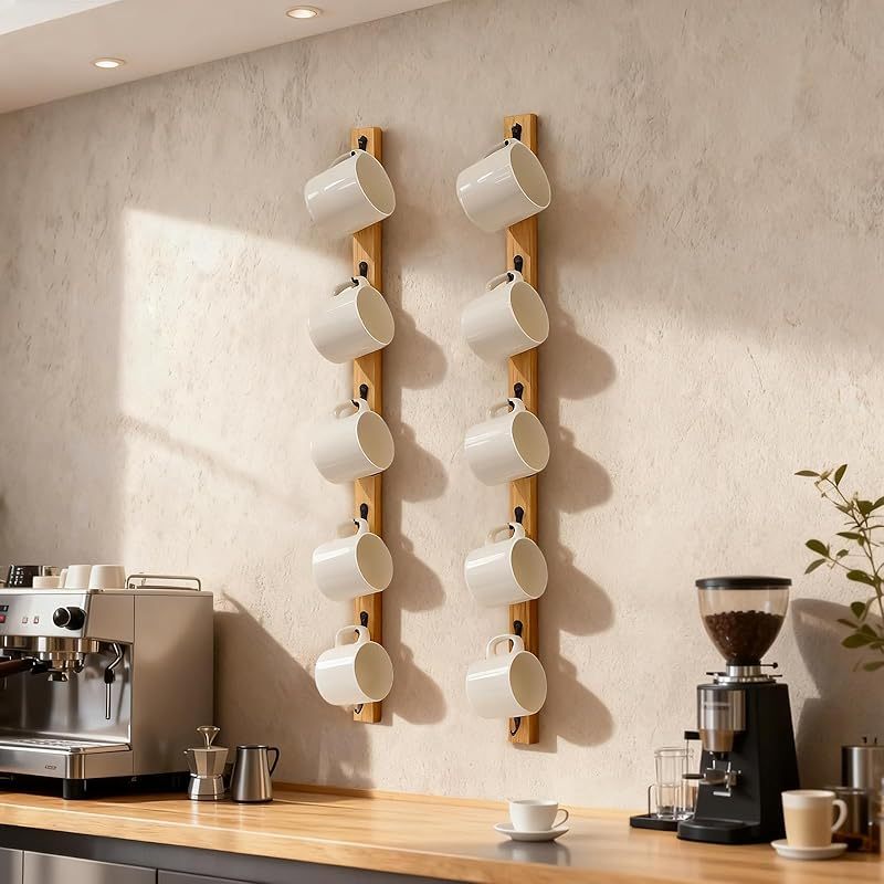 Solid Wood Wall Mug Rack - 6 Hook Rustic Style Cup Holder-MOUGIGI