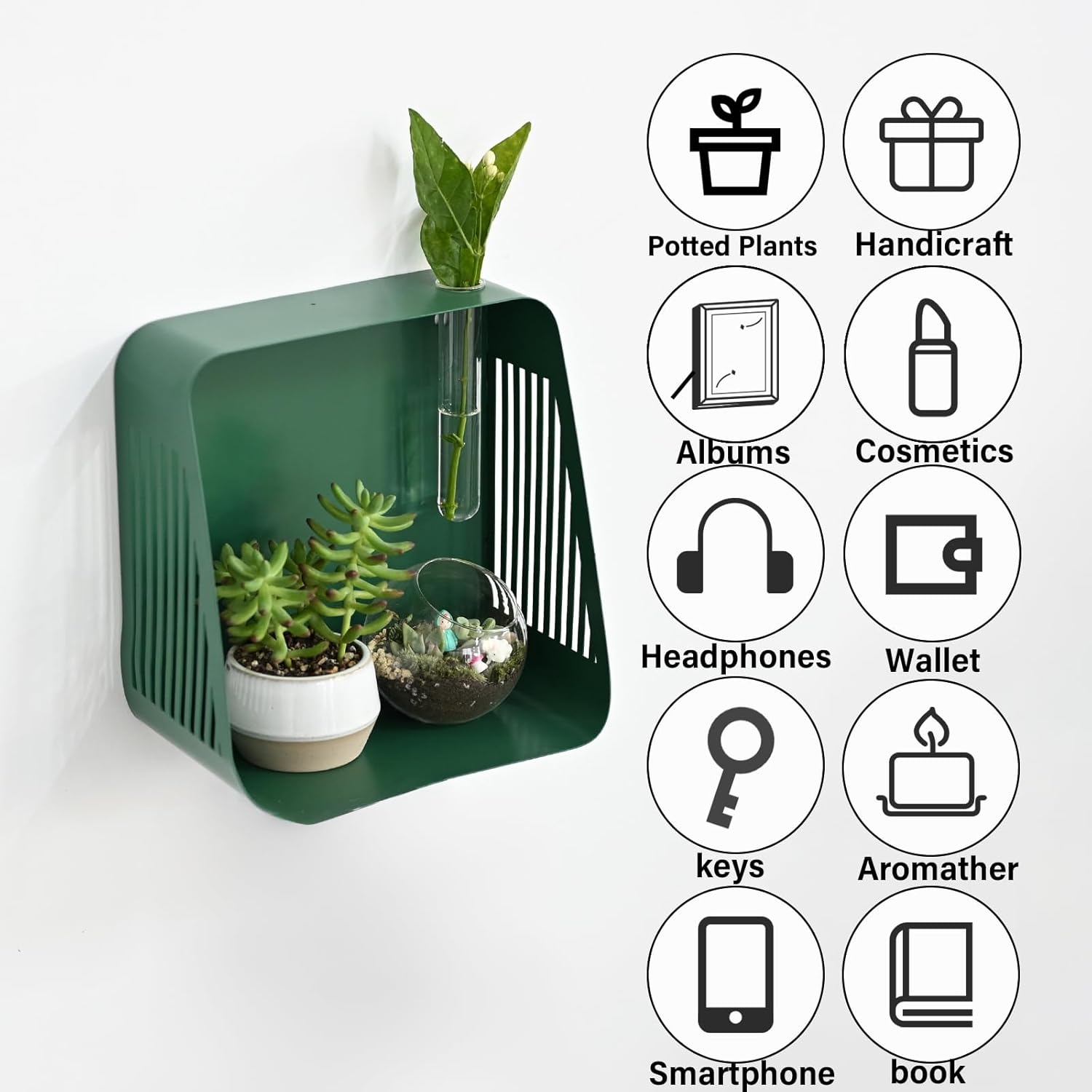 Green Iron Floating Shelf with Hydroponic Hole & Diffuser Stand-MOUGIGI