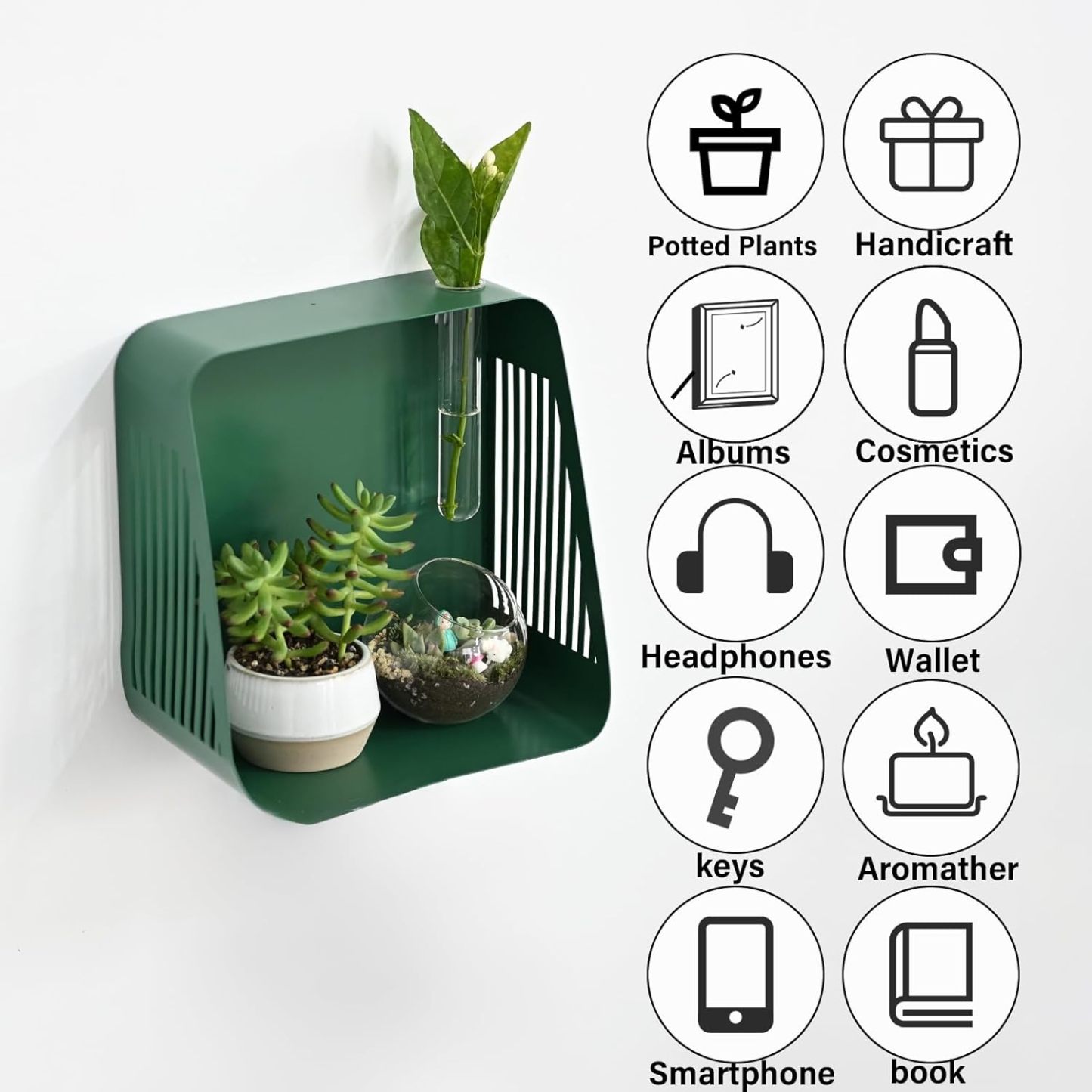 Green Iron Floating Shelf with Hydroponic Hole & Diffuser Stand-MOUGIGI