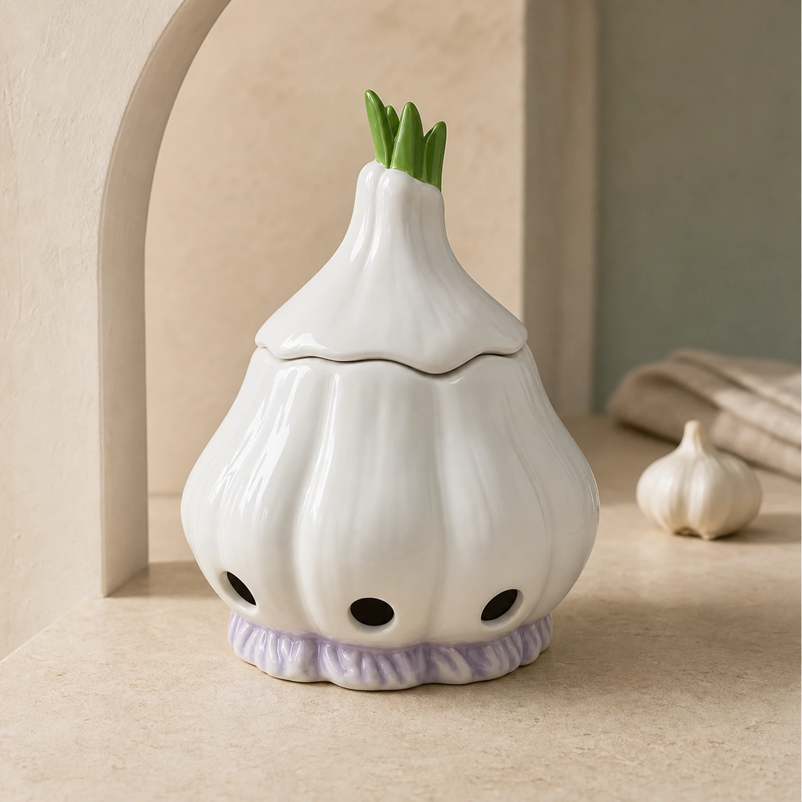 Glossy white ceramic garlic keeper shown from a clean alternate angle on limestone