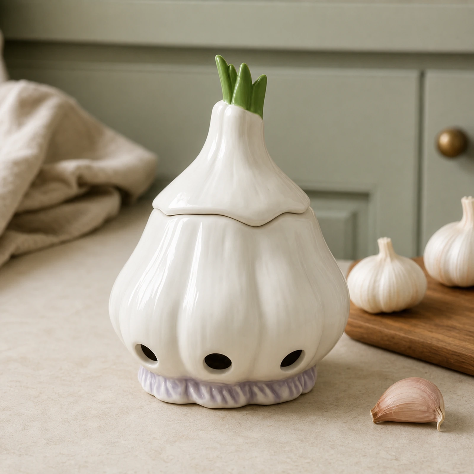 Closed glossy white ceramic garlic keeper on a creamy stone counter in a muted sage kitchen