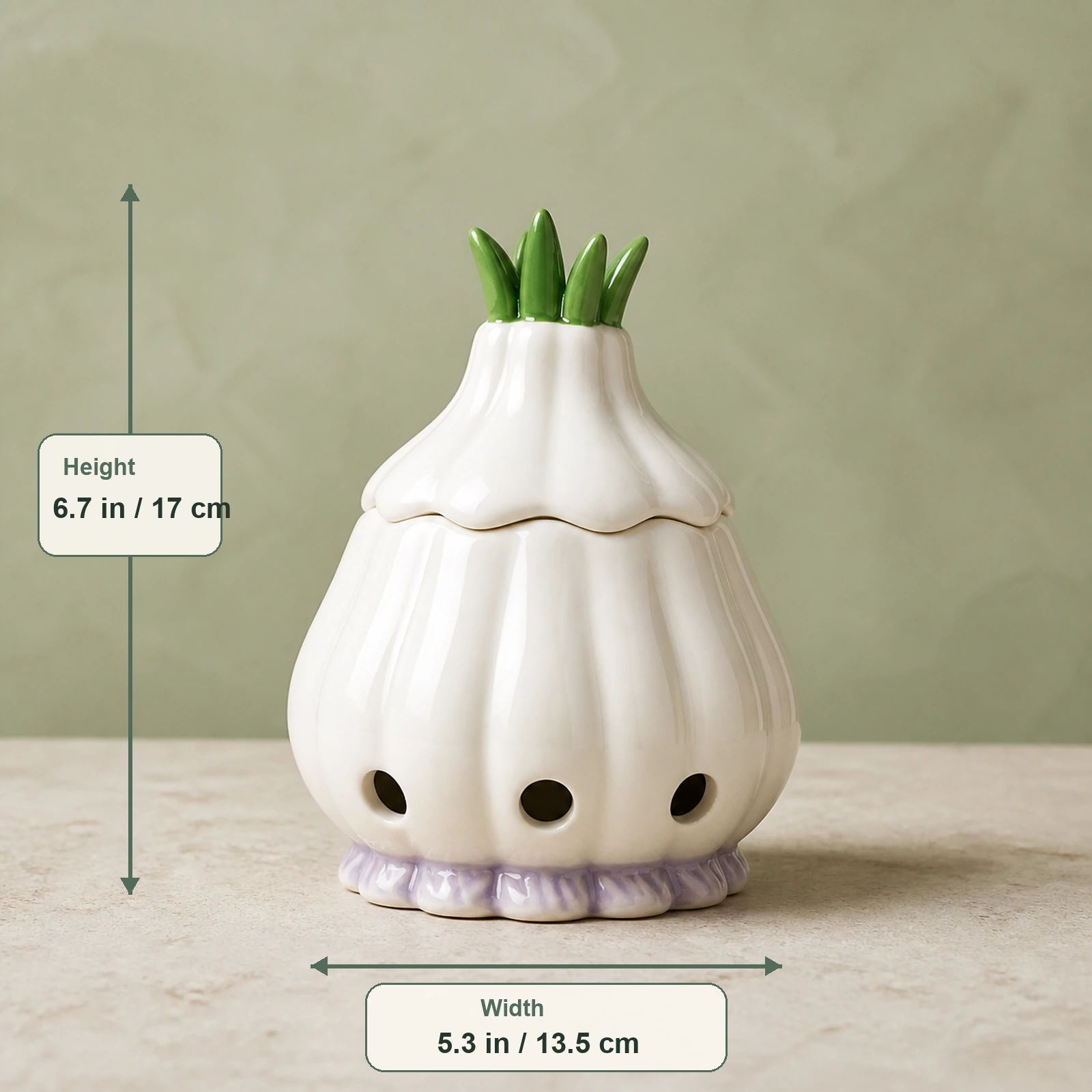 Ceramic garlic keeper dimension graphic showing verified height and width