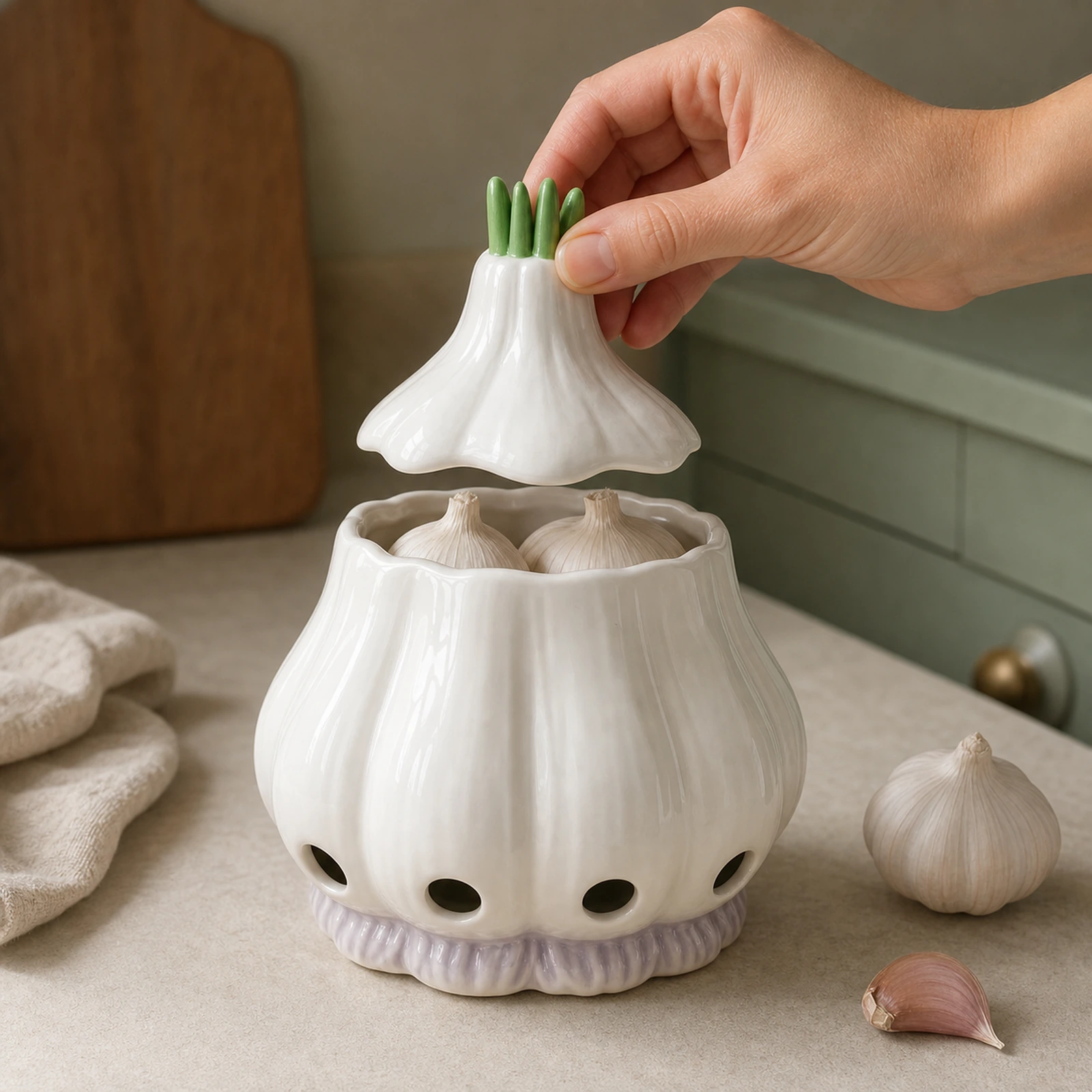 Natural hand lifting the green sprout lid from the ceramic garlic keeper