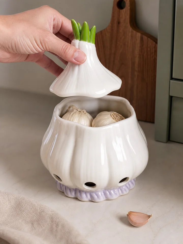 Ceramic Garlic Keeper with Lid – Vented Countertop Storage styling idea 3