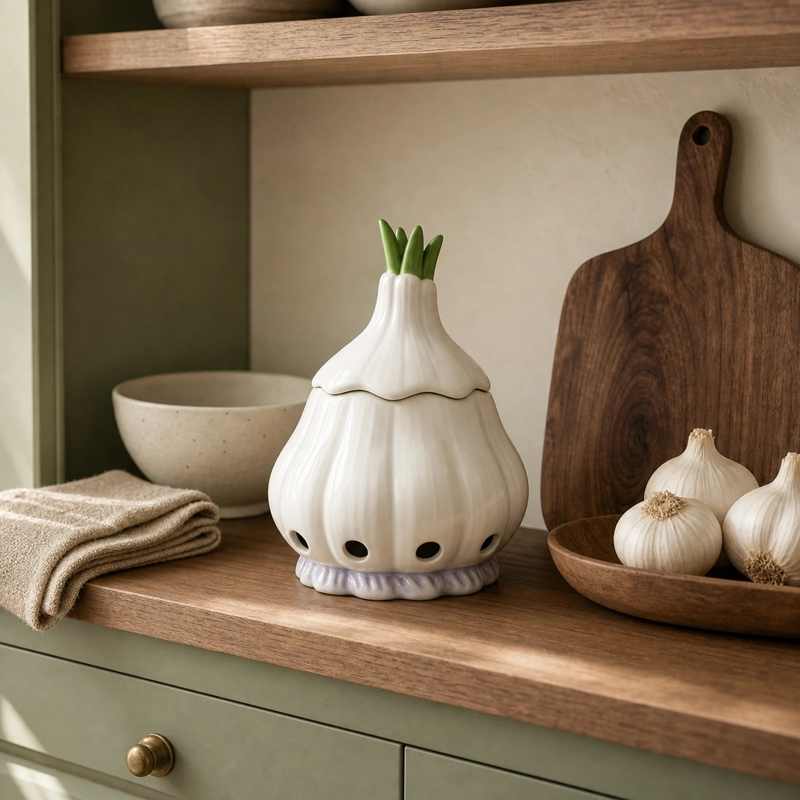 Closed ceramic garlic keeper styled on a warm walnut pantry shelf