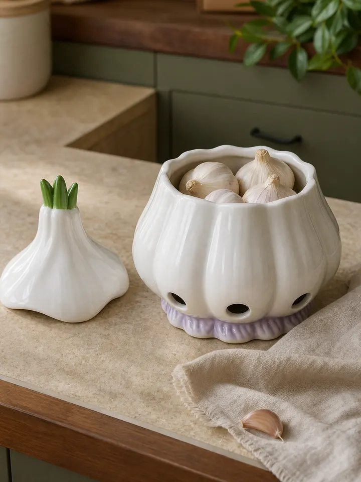 Ceramic Garlic Keeper with Lid – Vented Countertop Storage styling idea 4
