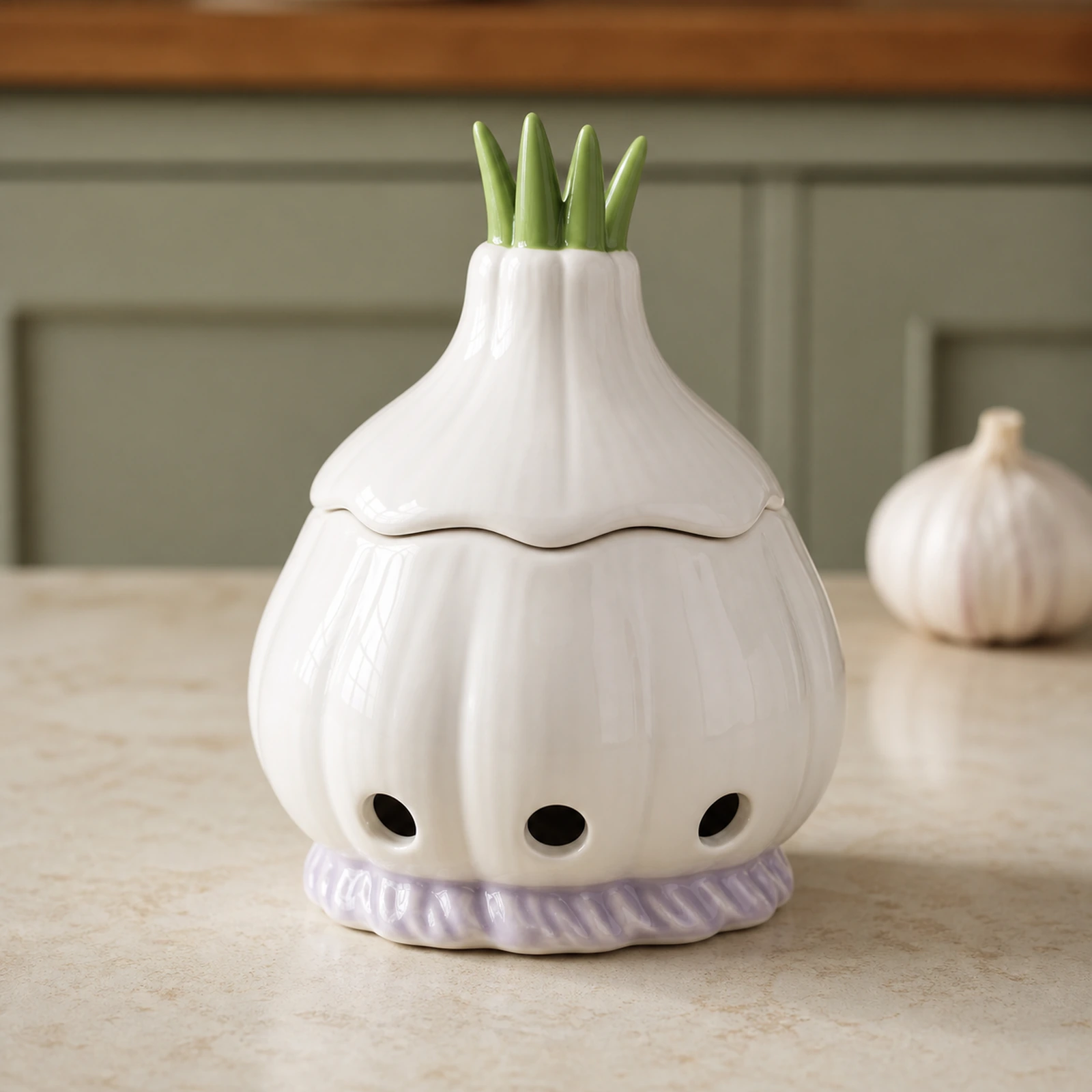Close view of the ceramic garlic keeper glaze, vertical ribs, lower vents, and lavender base