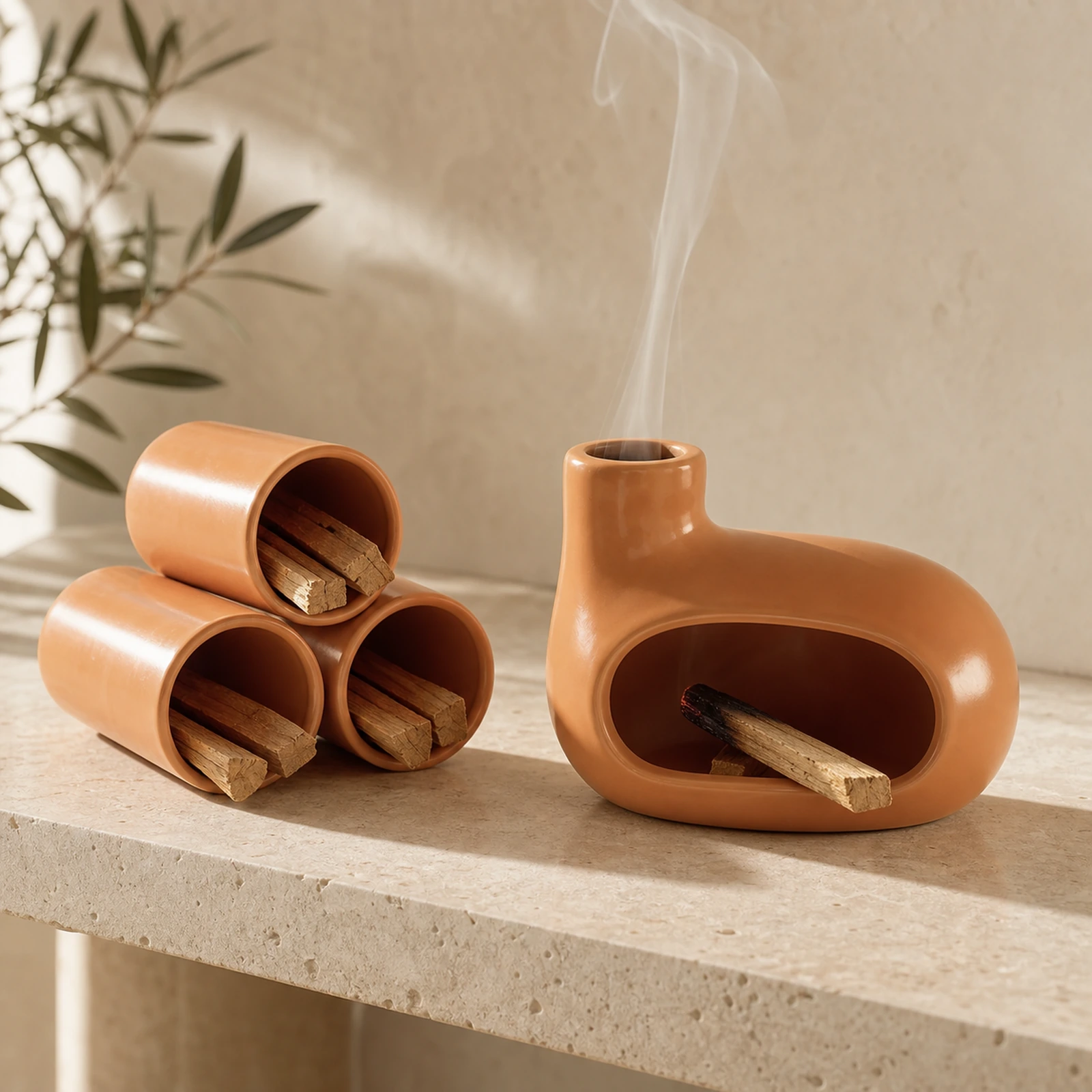 Warm apricot ceramic Palo Santo burner set with three matching holders and smoke exiting the chimney