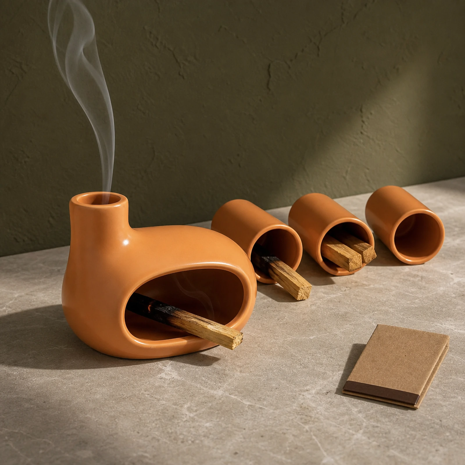 Ceramic chimney burner smoldering Palo Santo with three matching holders