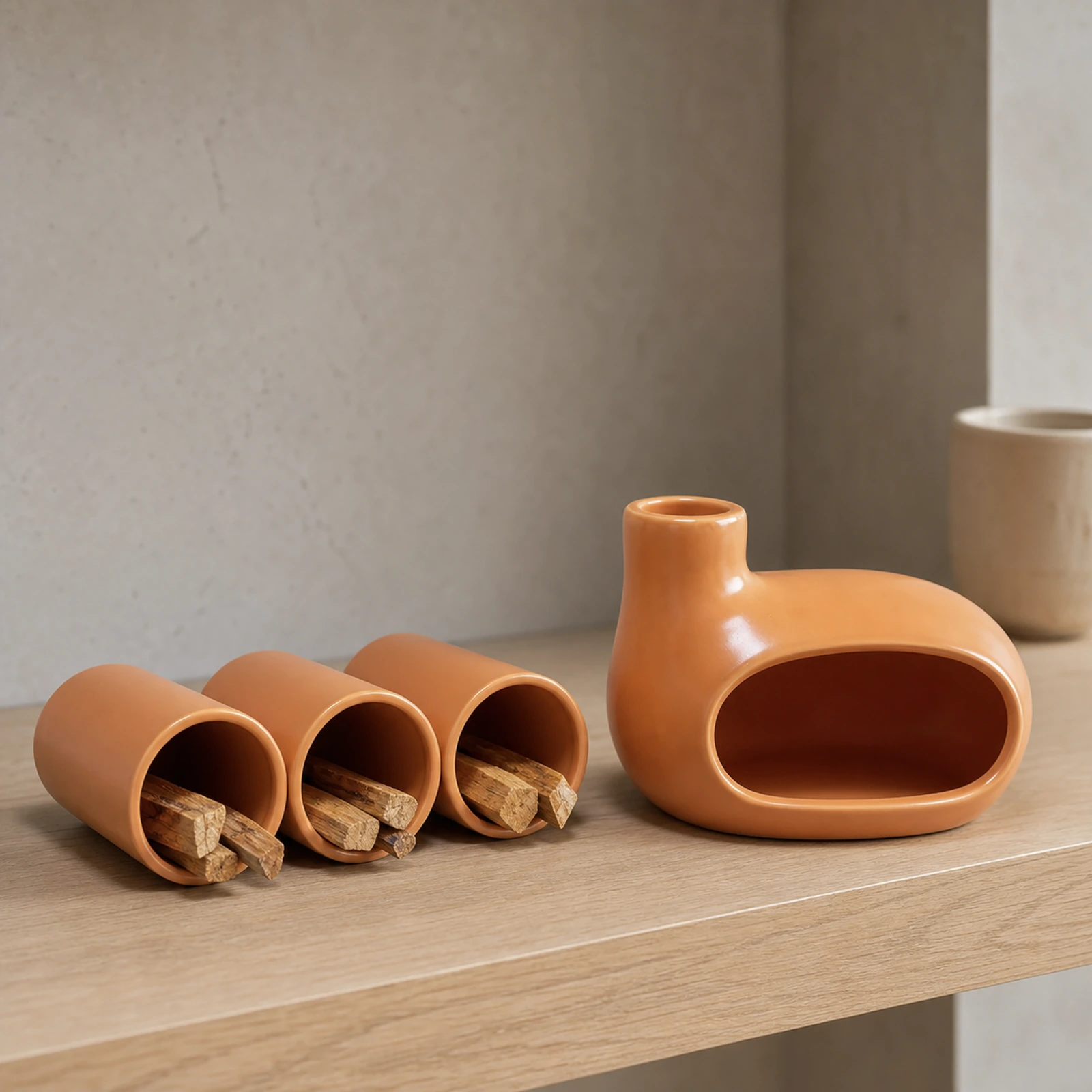 Ceramic Palo Santo burner and three matching holders arranged on a pale oak shelf