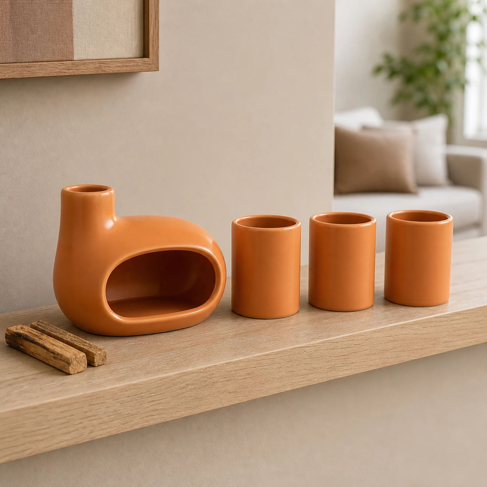 Ceramic Palo Santo burner and three matching holders on a living room shelf