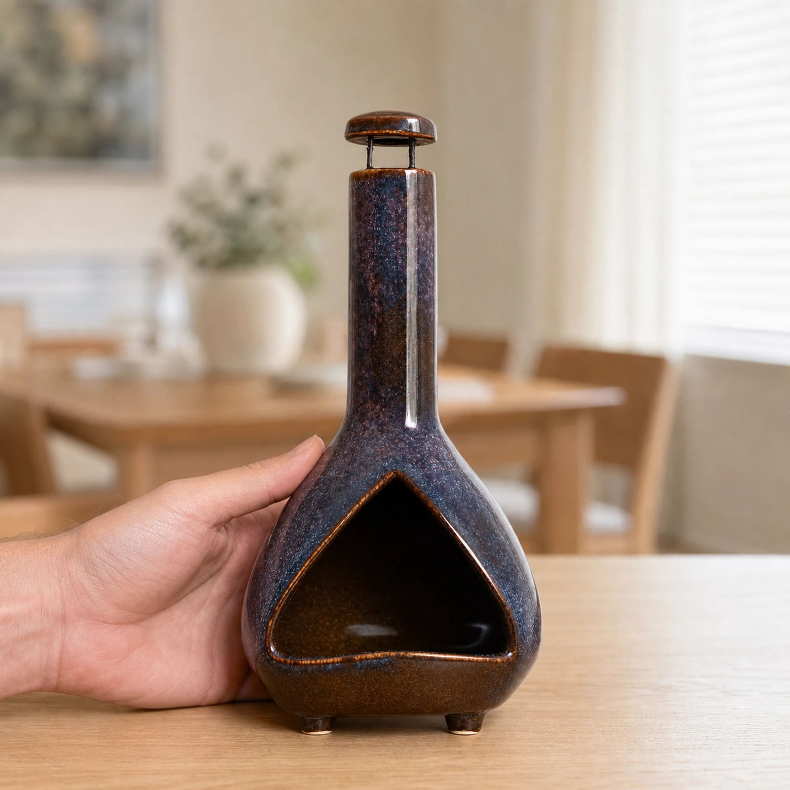 Color Glaze deep plum-blue ceramic Palo Santo holder held in one hand to show the product scale