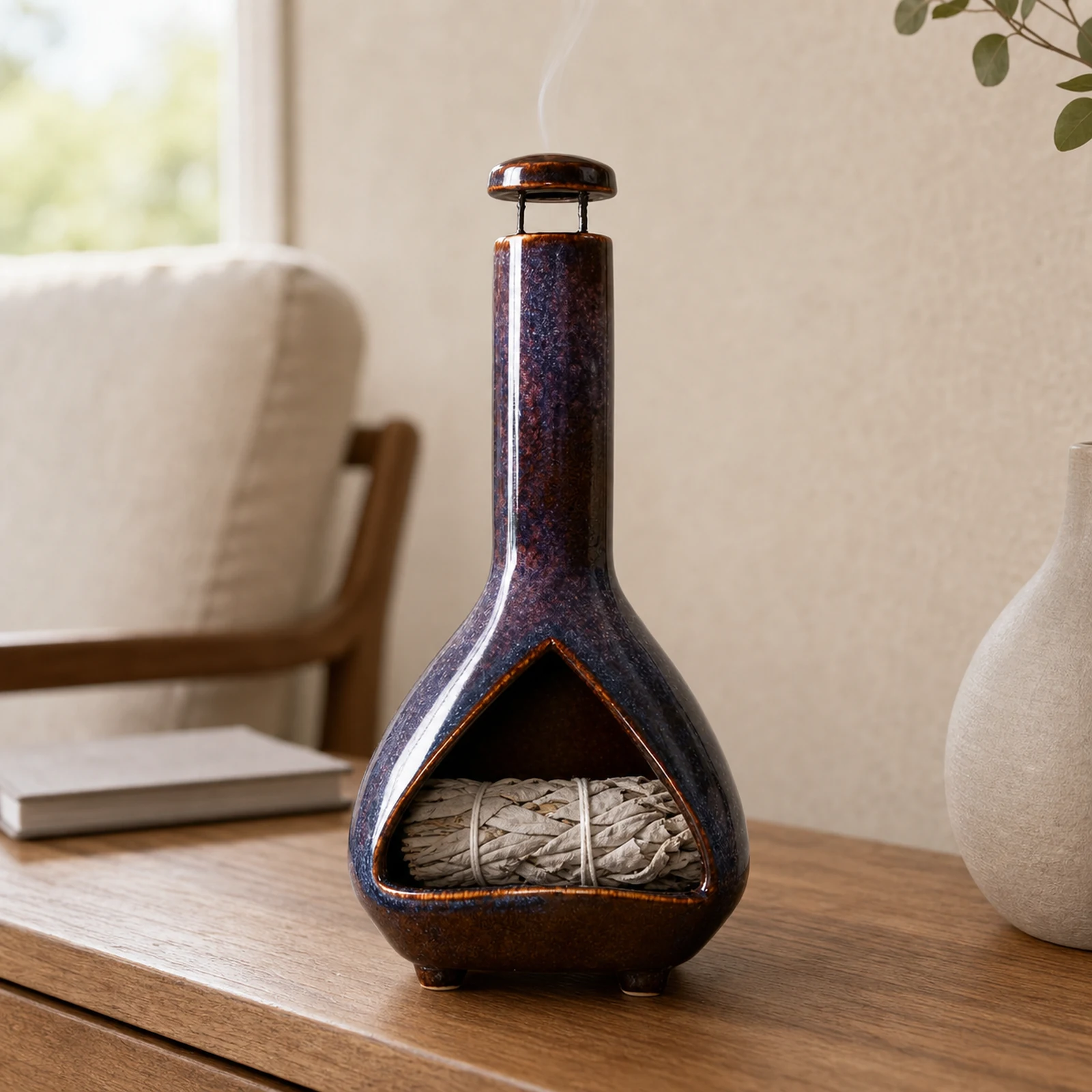 Color Glaze deep plum-blue ceramic Palo Santo holder used with a grey-white sage bundle and smoke leaving from the top vent