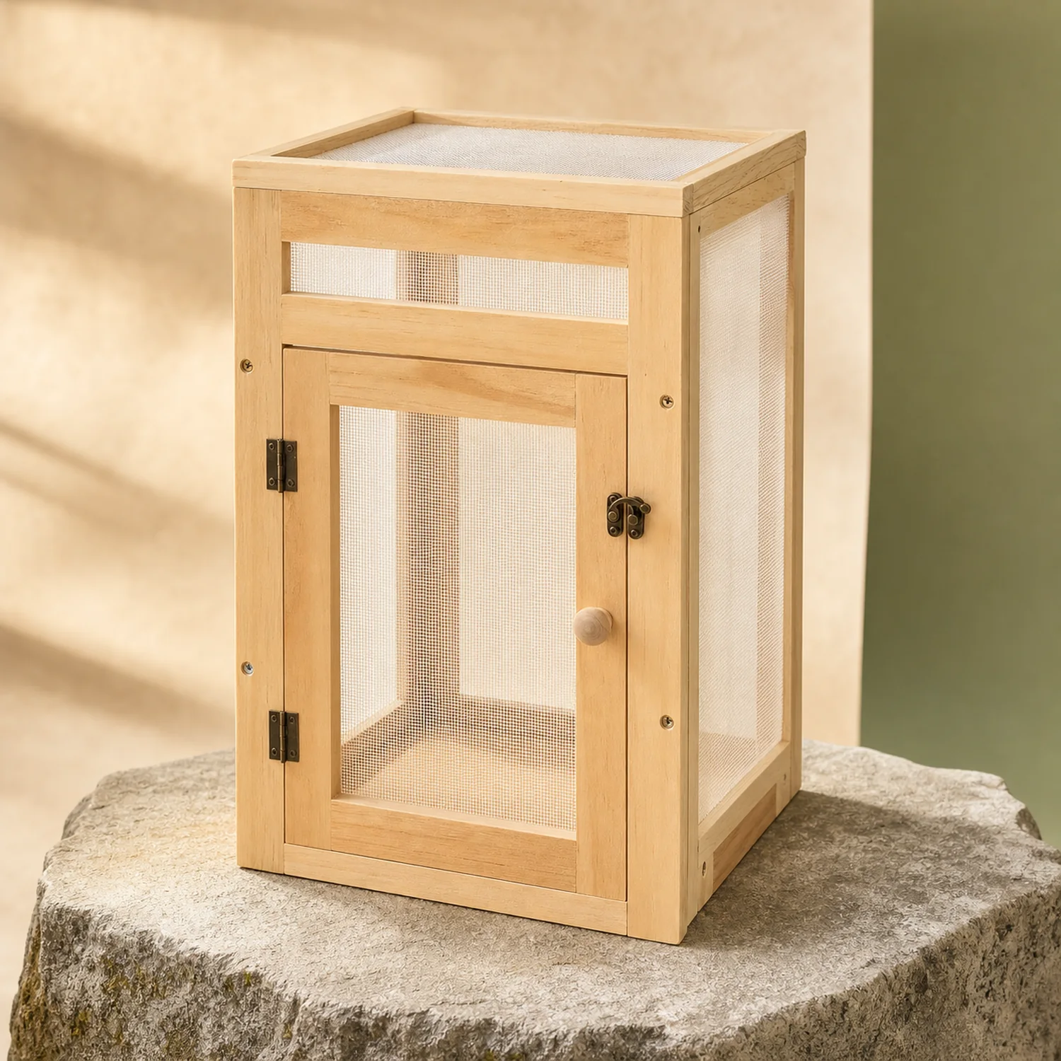 Compact wood frame butterfly habitat shown from a clean alternate angle