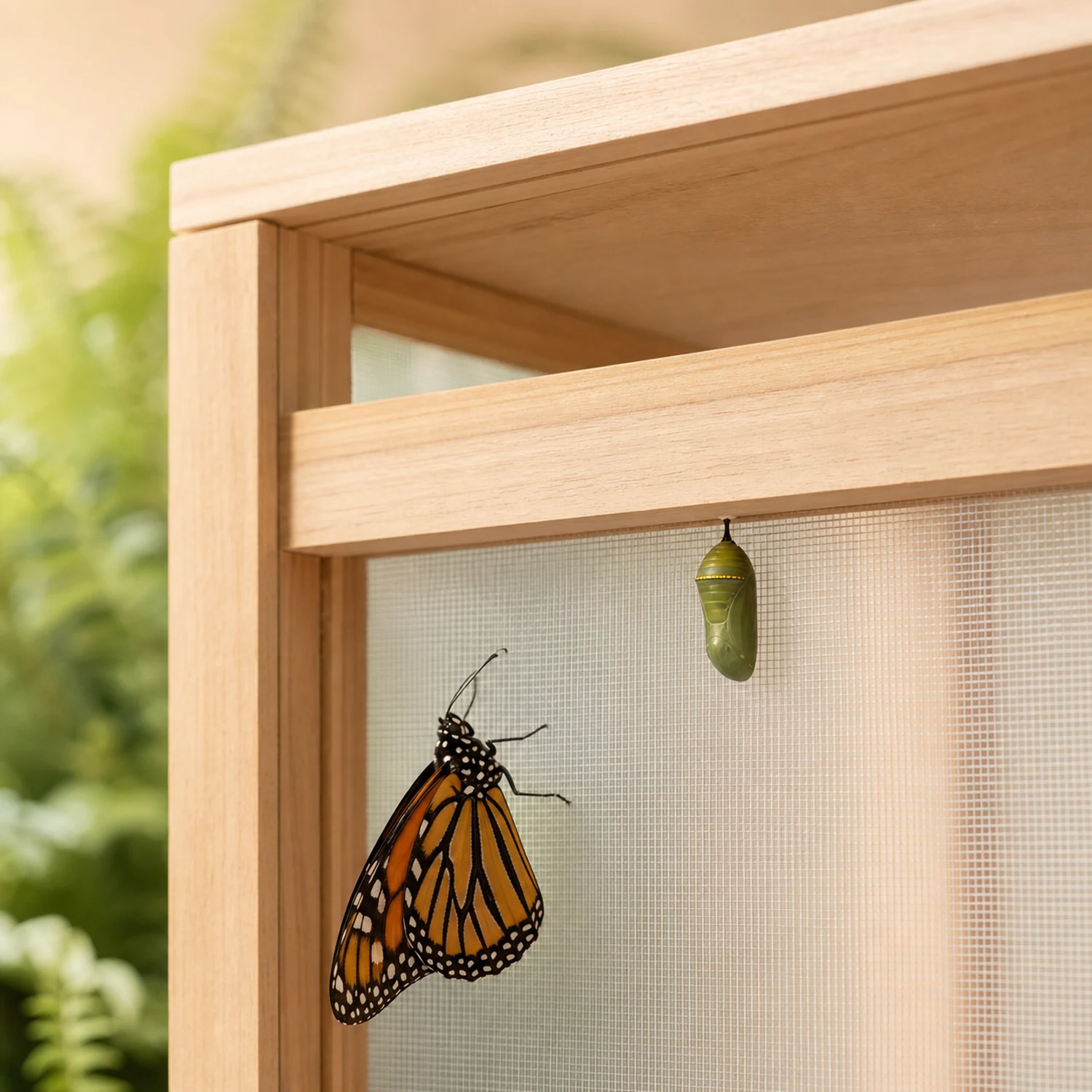 Fine mesh detail with a realistic monarch chrysalis and butterfly on the compact habitat