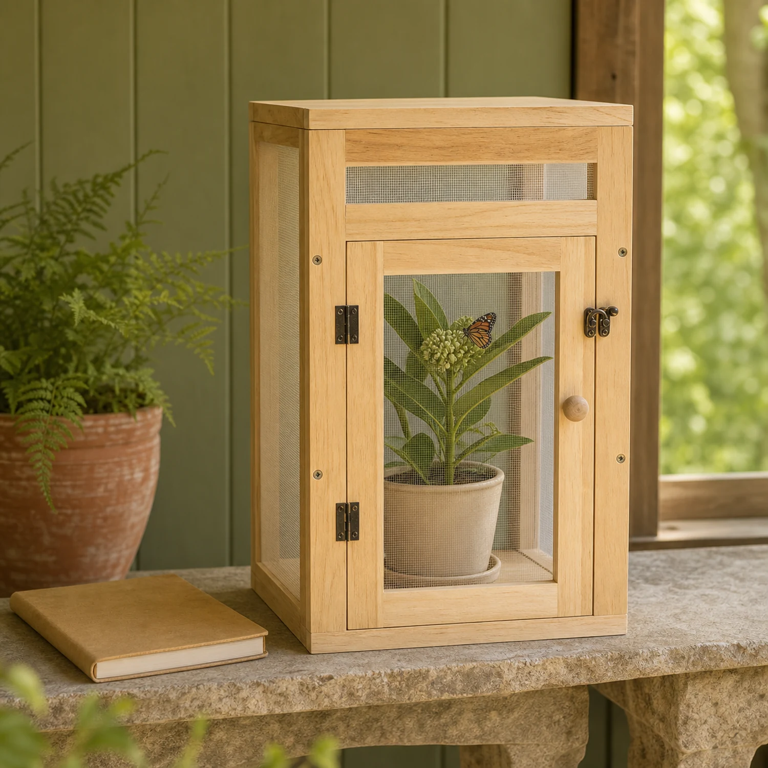 Compact wood frame butterfly habitat in a covered nature-study corner