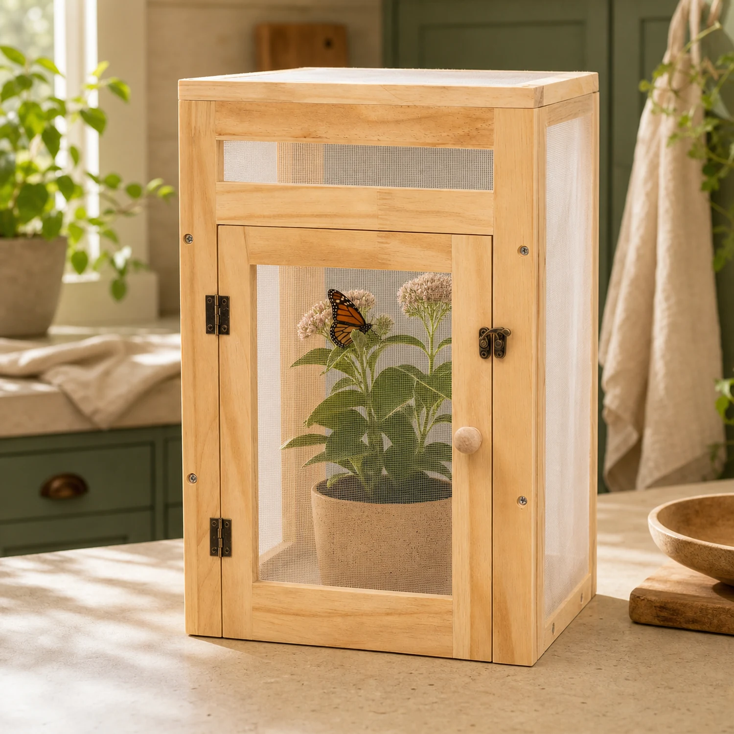 Compact wood frame butterfly habitat with a potted host plant in a sunlit naturalist setting