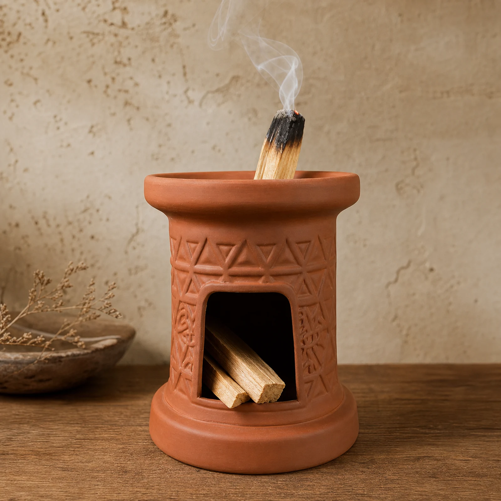 Terracotta incense burner with Palo Santo burning in the top groove and smoke rising from the lit tip