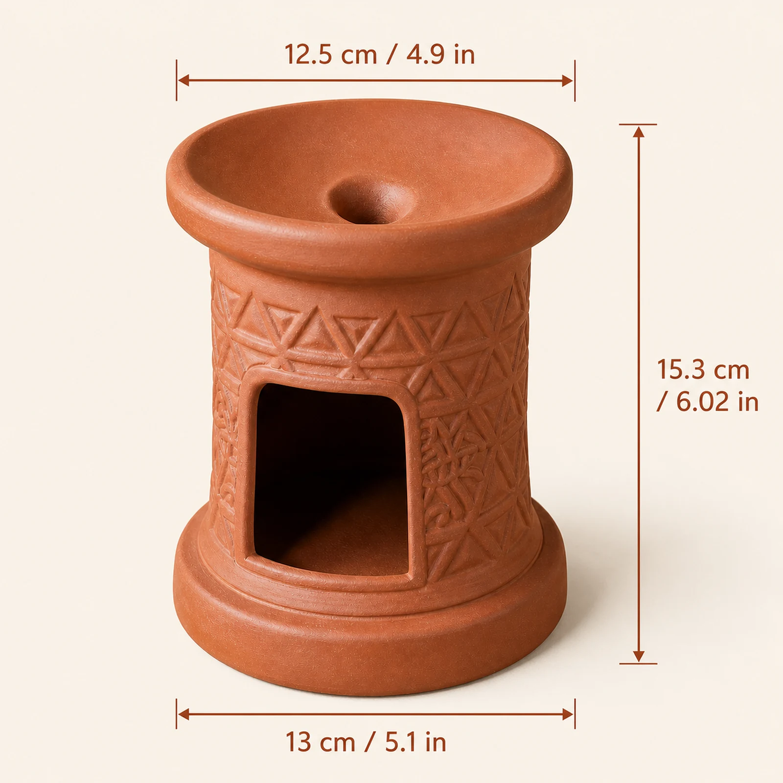 Terracotta incense burner dimensions: 6.02 inches high, 4.9-inch top, and 5.1-inch base