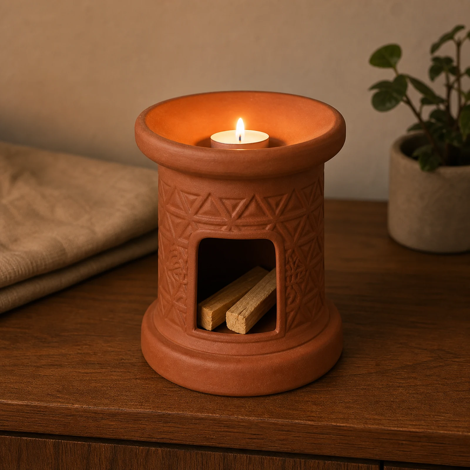 Terracotta incense burner with a lit tea light in the top groove and Palo Santo stored below