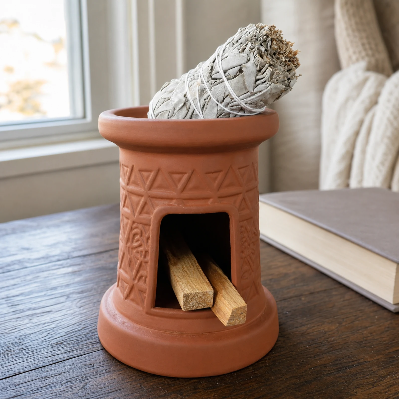 Terracotta incense burner with a white sage bundle in the top groove and Palo Santo in front storage