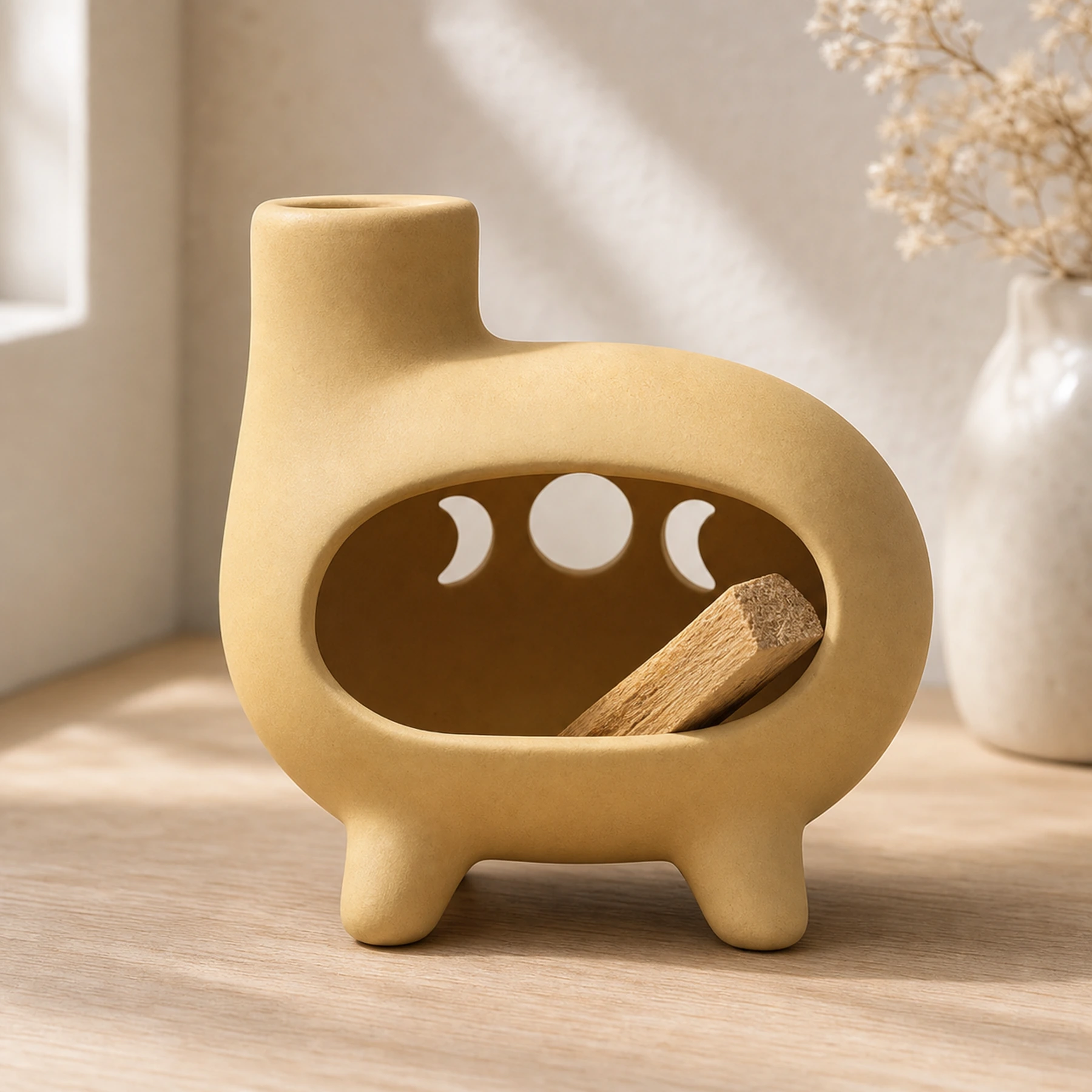 Matte yellow ceramic Palo Santo holder with an unlit Palo Santo stick placed in the chamber