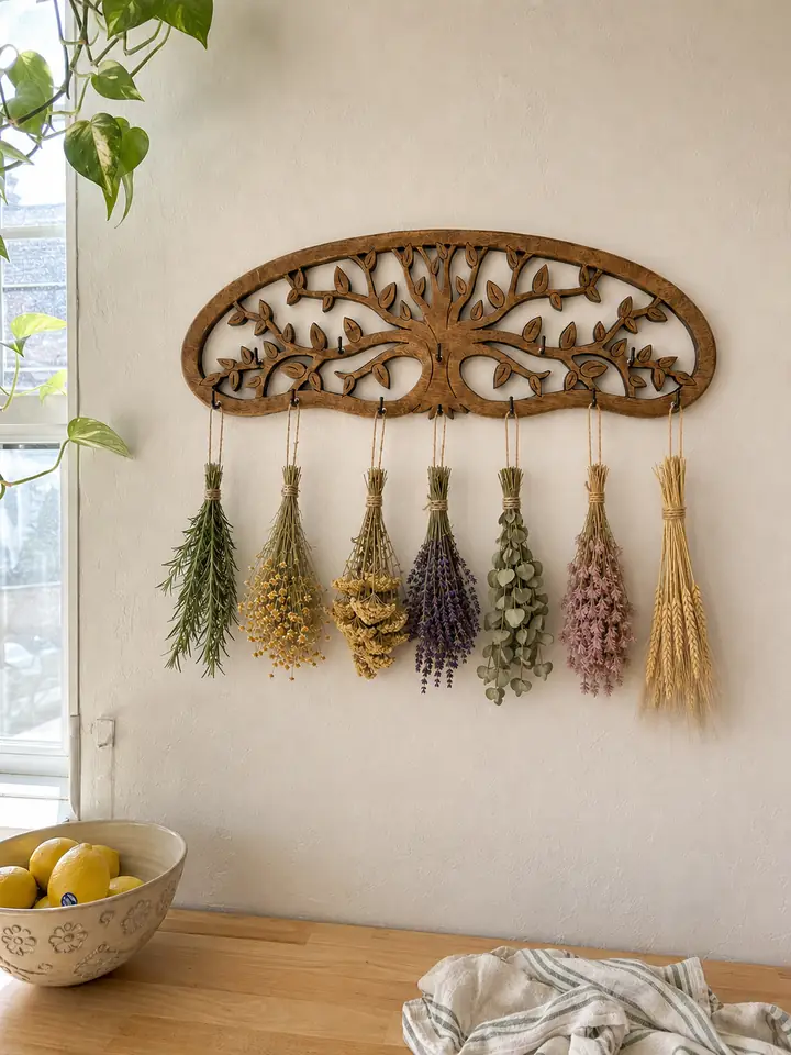 Tree of Life herb drying rack with seven dried herb bundles in a bright customer kitchen
