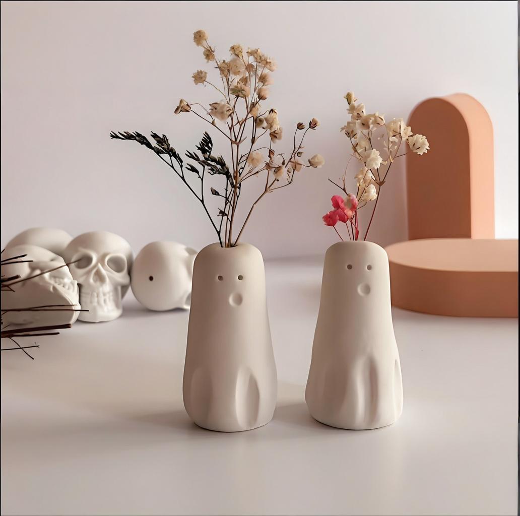 Set of 5 Handmade Ghost Bud Vases - Mini Ceramic Halloween Decor 