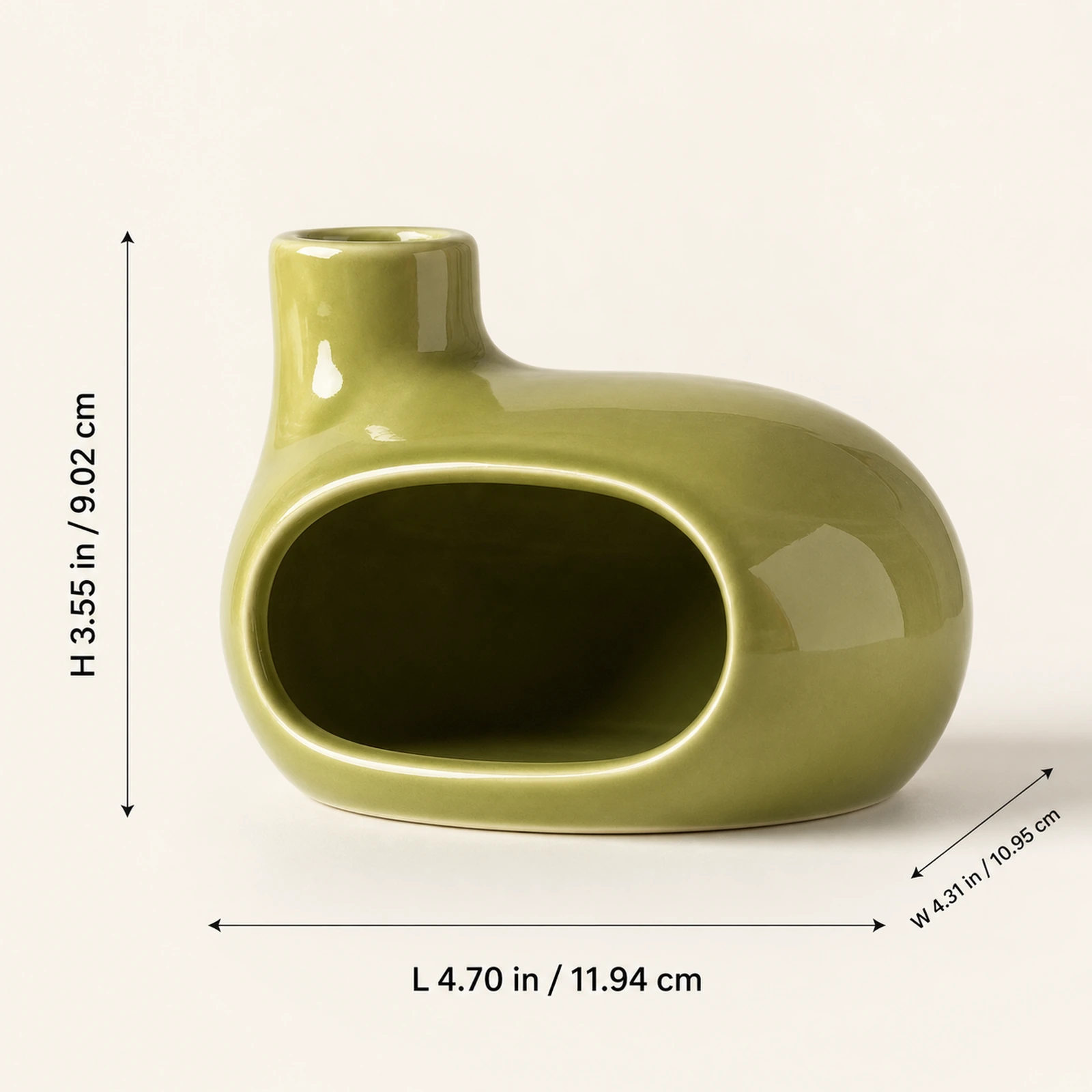 Emerald green Classic Ceramic Palo Santo & Sage Burner, verified dimension guide with front-facing product view.