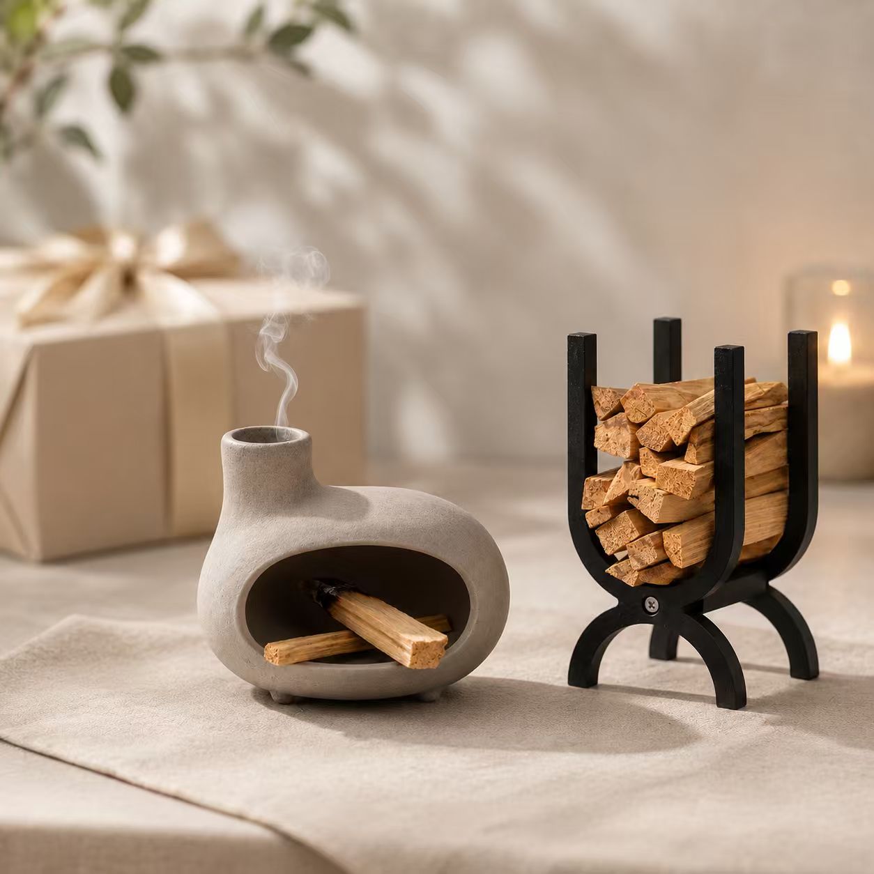 Palo Santo Holder Set with Ceramic Incense Burner & Wooden Storage Rack