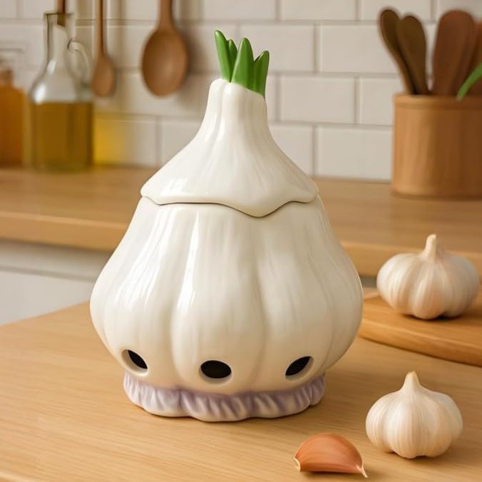 Ceramic Garlic Keeper with Lid - Breathable Freshness Storage